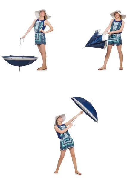 Kollázs esernyő elszigetelt fehér nő — Stock Fotó