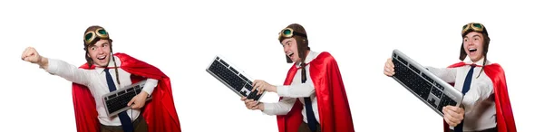 Смешной герой с изолированной клавиатурой на белом — стоковое фото
