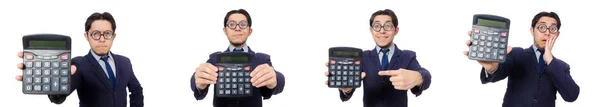 Hombre divertido con calculadora aislado en blanco —  Fotos de Stock