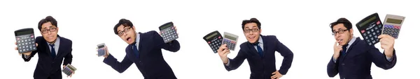 Grappige mens met calculator geïsoleerd op wit — Stockfoto