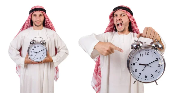 Hombre árabe en el tiempo concepto en blanco — Foto de Stock