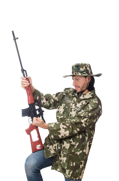 Soldado con armas aisladas en blanco — Foto de Stock