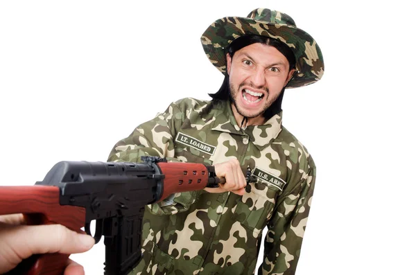 Soldado com armas isoladas em branco — Fotografia de Stock