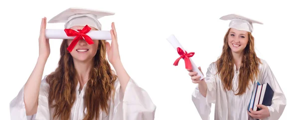 Mujer estudiante aislada en blanco — Foto de Stock