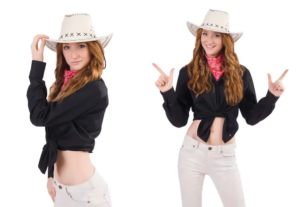 Woman cowgirl isolated on white — Stock Photo, Image