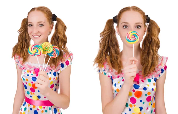 Redhead young girl with lolipops isolated on white — Stock Photo, Image