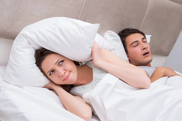 Woman having trouble with husband snoring — Stock Photo, Image