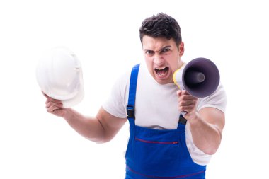 Tamirci megafon ile ve bir kazma axe beyaz arka plan üzerinde ben