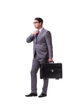 Beyaz izole iş seyahati sırasında genç adam