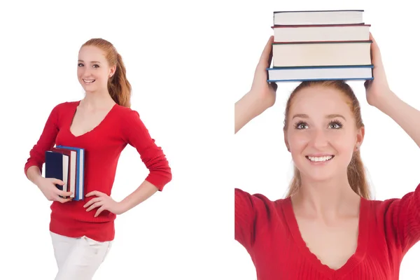 Junge Studentin mit Büchern auf weiß — Stockfoto