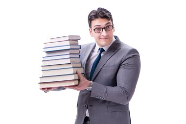 Elinde kitap yığınları taşıyan iş adamı öğrenci.
