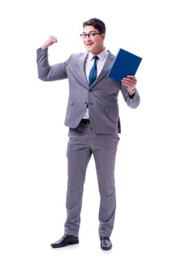 Beyaz arka planda izole edilmiş bir kitap okuyan işadamı öğrencisi