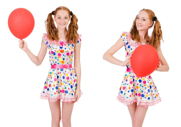 Jovem com balão vermelho isolado em branco — Fotografia de Stock