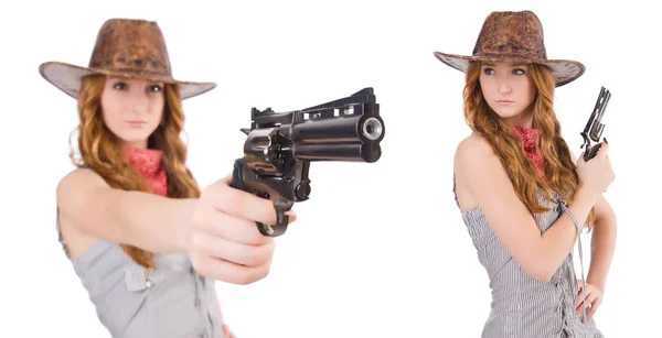 Woman gangster with gun isolated on white — Stock Photo, Image