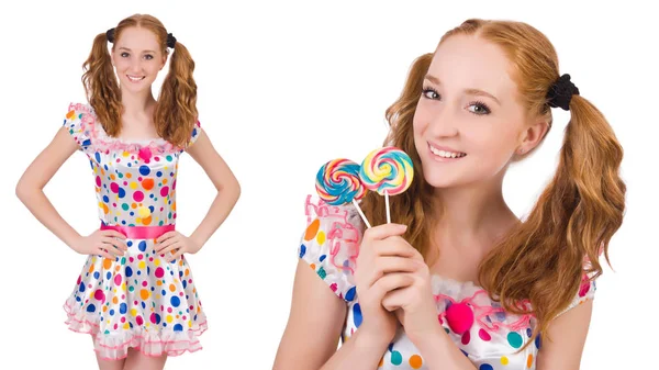 Redhead young girl with lolipops isolated on white — Stock Photo, Image