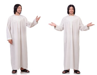 Genç rahip İncil üzerine beyaz izole ile