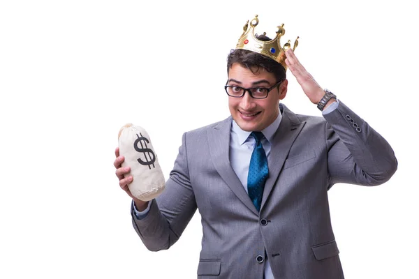 King businessman holding money bag isolated on white background — Stock Photo, Image