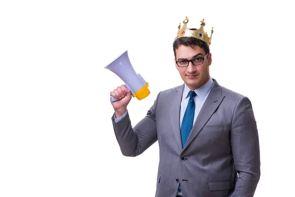 Król biznesmen z megafon na białym tle — Zdjęcie stockowe
