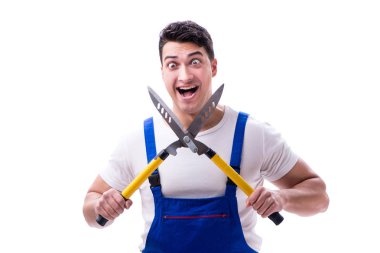 Adam bahçıvan beyaz zemin üzerine Bahçe makası ile izole