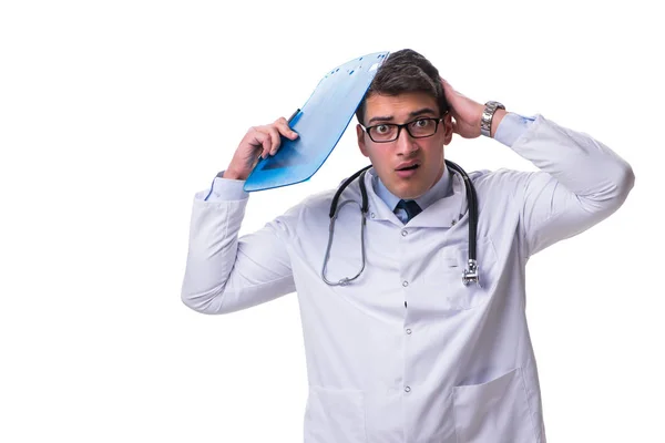 Młody lekarz z tablicy na białym tle na biały backgro — Zdjęcie stockowe