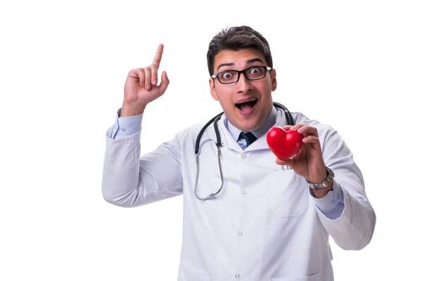 Junge männliche Kardiologe Arzt hält ein Herz isoliert auf weiß — Stockfoto