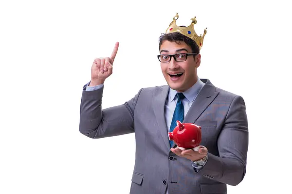 King businessman holding a piggy bank isolated on white backgrou — Stock Photo, Image