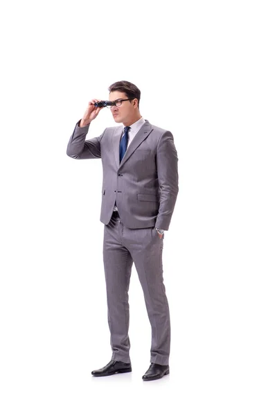 Jeune homme avec jumelles isolées sur blanc — Photo