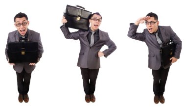 Genç adam beyaz izole evrak çantası elinde