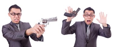 Beyaz silahlı komik iş adamı.