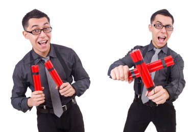 Dinamiti olan bir iş adamı beyazda izole edilmiş.