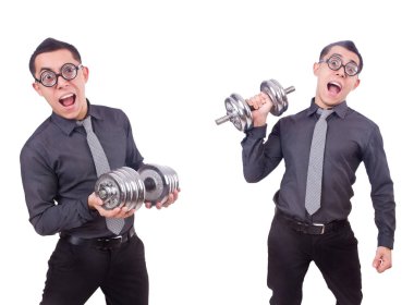 beyaz izole dumbbells ile komik iş adamı