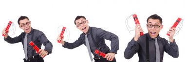 Dinamiti olan bir iş adamı beyazda izole edilmiş.