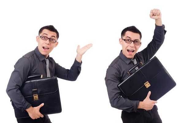 Young man holding briefcase isolated on white — Stock Photo, Image