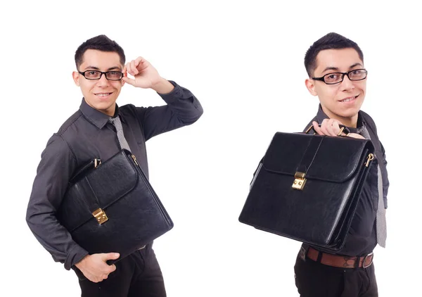 Young man holding briefcase isolated on white — Stock Photo, Image