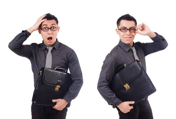 Young man holding briefcase isolated on white — Stock Photo, Image