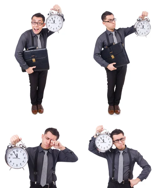 Komik işadamı ile üzerine beyaz izole saat — Stok fotoğraf