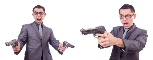 Divertido hombre de negocios con pistola en blanco — Foto de Stock