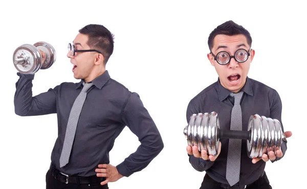 Hombre de negocios divertido con mancuernas aisladas en blanco — Foto de Stock