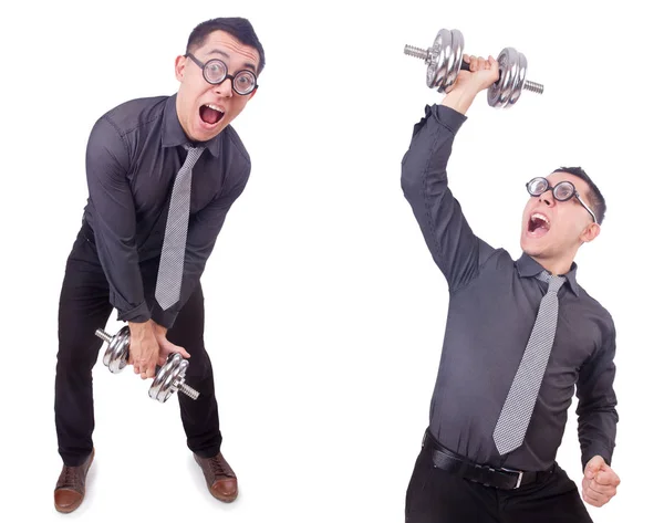 Hombre de negocios divertido con mancuernas aisladas en blanco —  Fotos de Stock