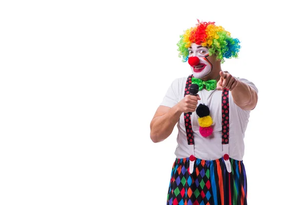 Lustiger Clown mit Mikrofon singt Karaoke isoliert auf Weiß — Stockfoto