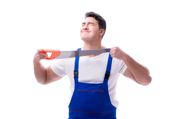 Muž opravář s ruční pila na bílém pozadí, samostatný — Stock fotografie