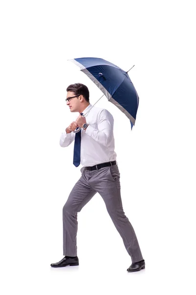 Молодий бізнесмен з парасолькою ізольовані на білому — стокове фото