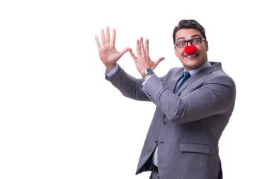 Beyaz arka planda izole komik palyaço işadamı