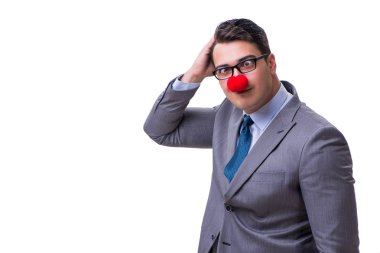 Beyaz arka planda izole komik palyaço işadamı