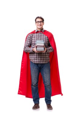 Kitapları beyaza ayrılmış süper kahraman öğrenci.