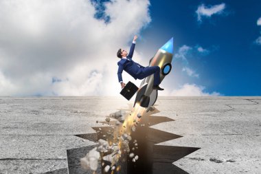 İş adamı roketle kaya boşluğundan uçuyor