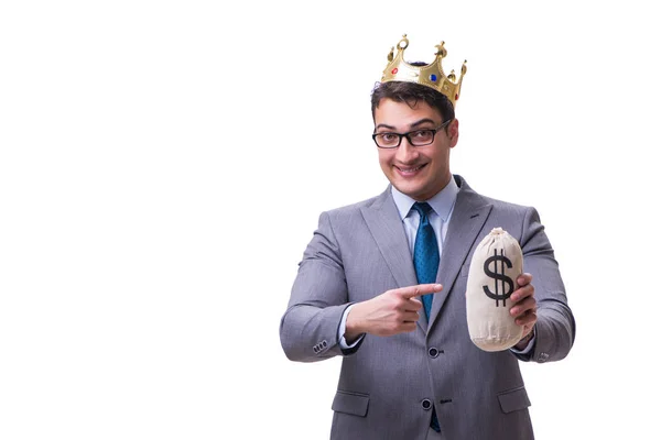 King businessman holding money bag isolated on white background — Stock Photo, Image