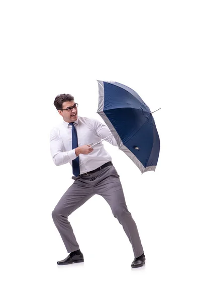 Молодой бизнесмен с зонтиком, изолированным на белом — стоковое фото