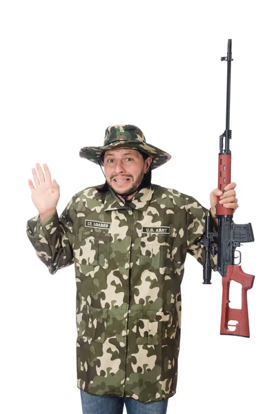 Soldado com armas isoladas em branco — Fotografia de Stock