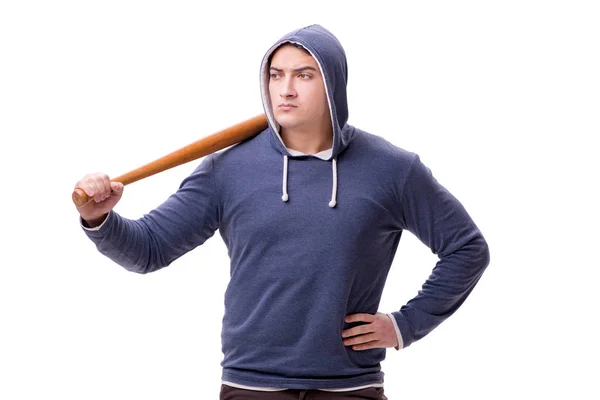 Young man hooligan with baseball bat isolated on white — Stock Photo, Image